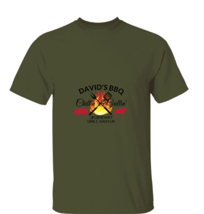 PERSONALIZED NAME FRONT VIEW, BBQ CHILLIN' & GRILLIN , LEGENDARY GRILL MASTER 5.3 oz. UNISEX T-Shirt